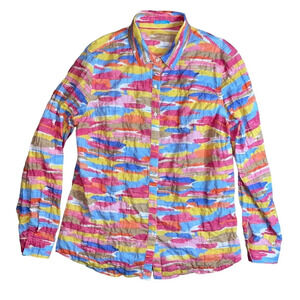 J. McLaughlin Lois Pink Striped Crinkle Button Up Shirt Womens Size Large Preppy